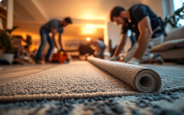 Techniciens roulent un tapis pour le nettoyage de tapis